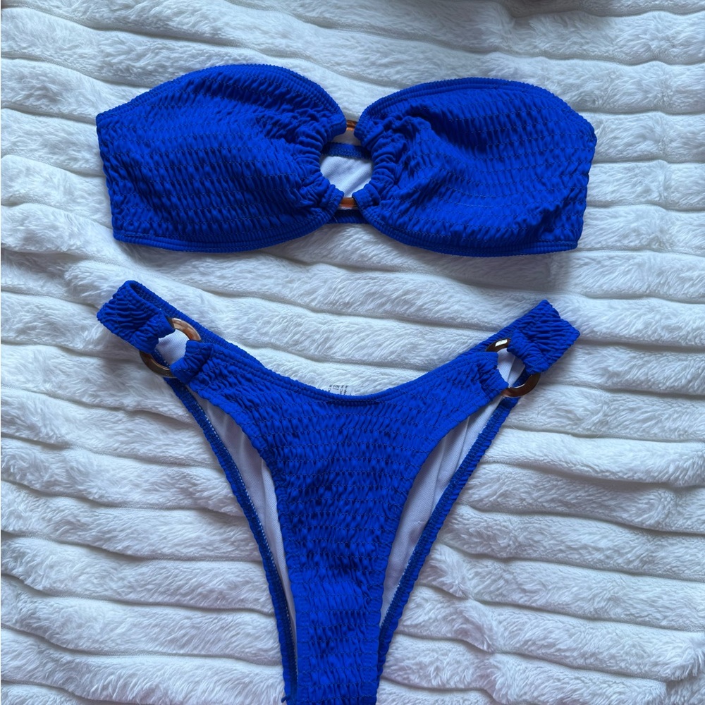 SHEIN Royal Blue Textured Ring-Detail Bandeau Bikini